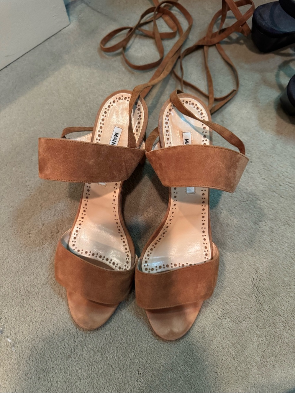 Manolo Blahnik Tan Suede Lace-Up Heeled Sandals